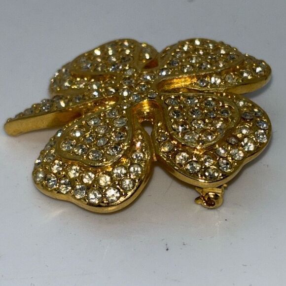 Vtg Joan Rivers signed 4 leaf Clover rhinestone crystal pin brooch shamrock +box - Picture 4 of 8